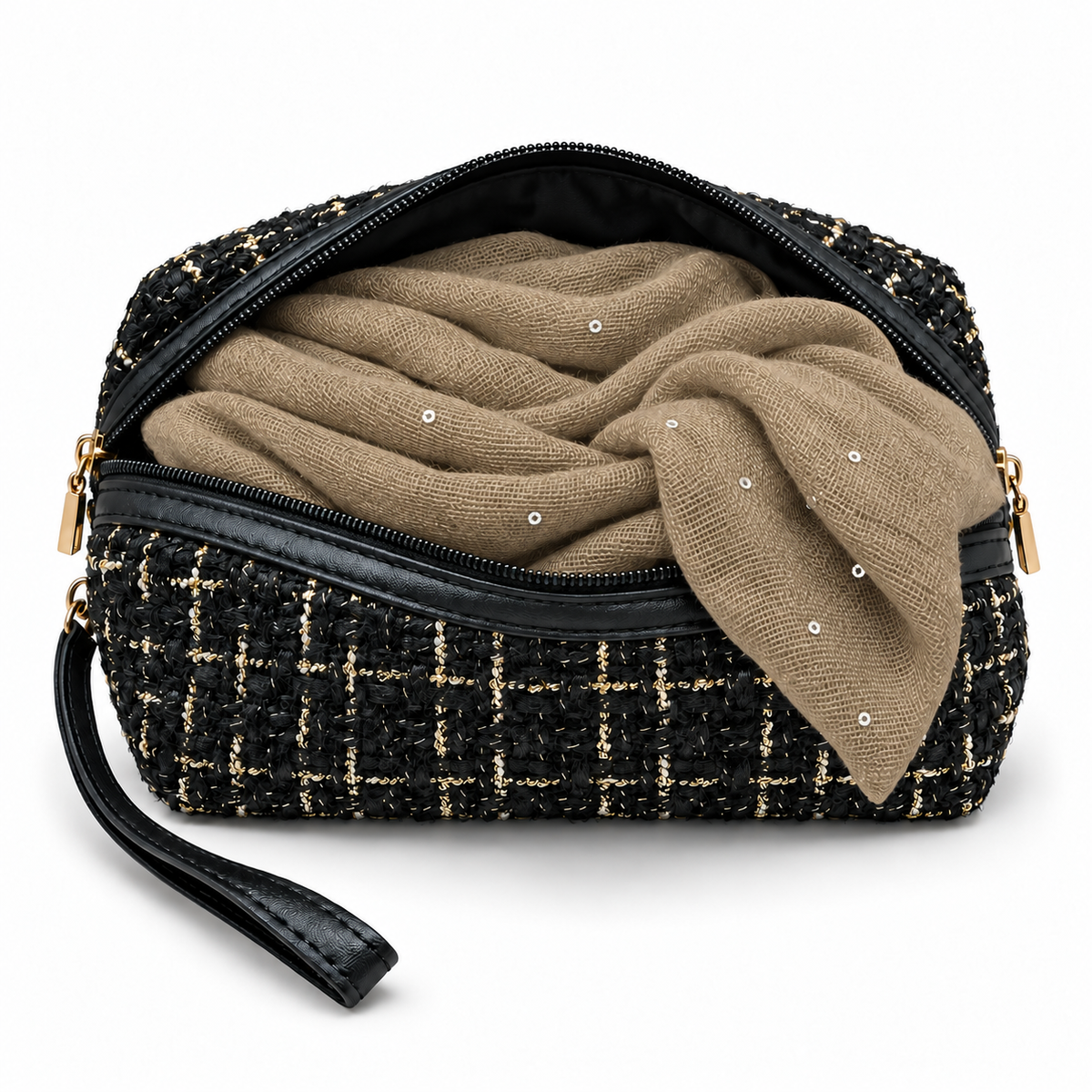 Set Regalo Donna con Sciarpa con Paillettes e Pochette in Tweed
