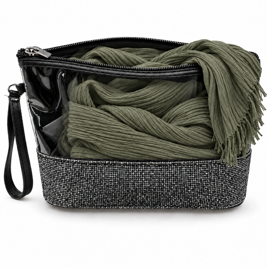 Set Regalo Donna con Sciarpa Effetto Stropicciato e Pochette Gioiello con Strass