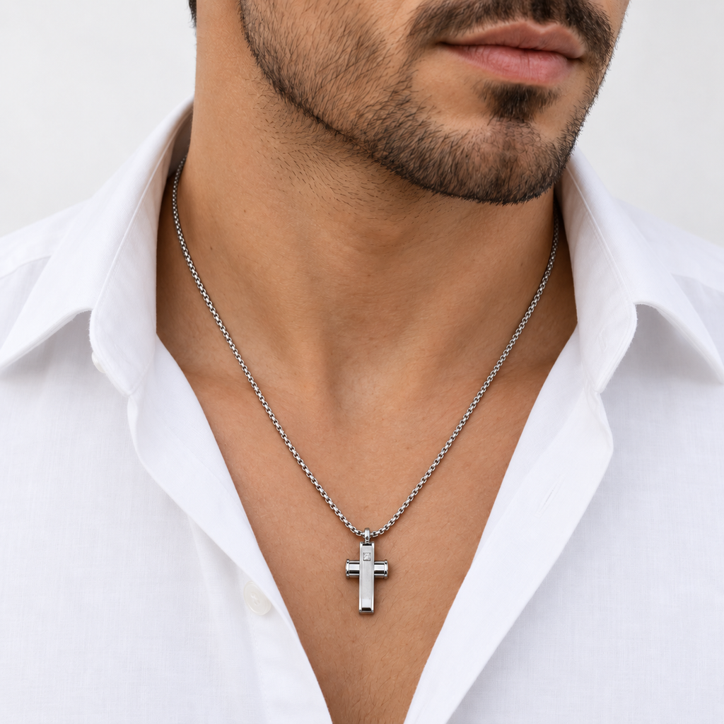 Collana Uomo con croce e strass crystal in acciaio inox