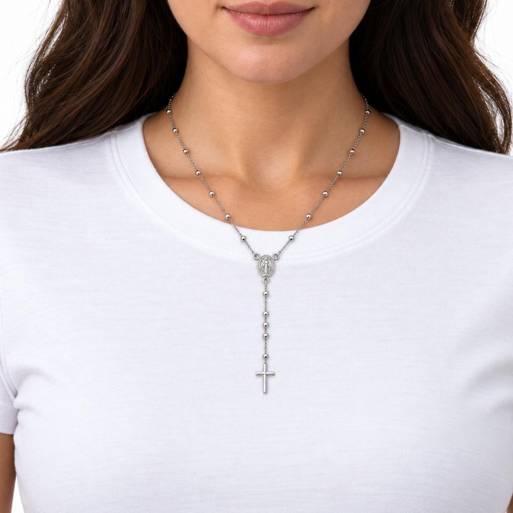 Collana Rosario con Crocifisso pendente e Sfere da 1,5mm in Argento 925 rodiato