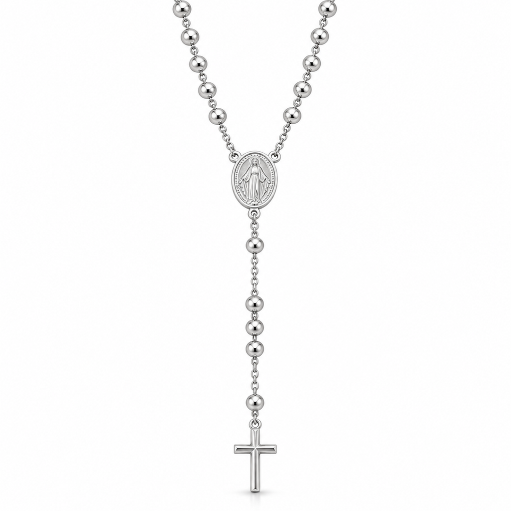 Collana Rosario con Crocifisso pendente e Sfere da 5mm in Argento 925 rodiato