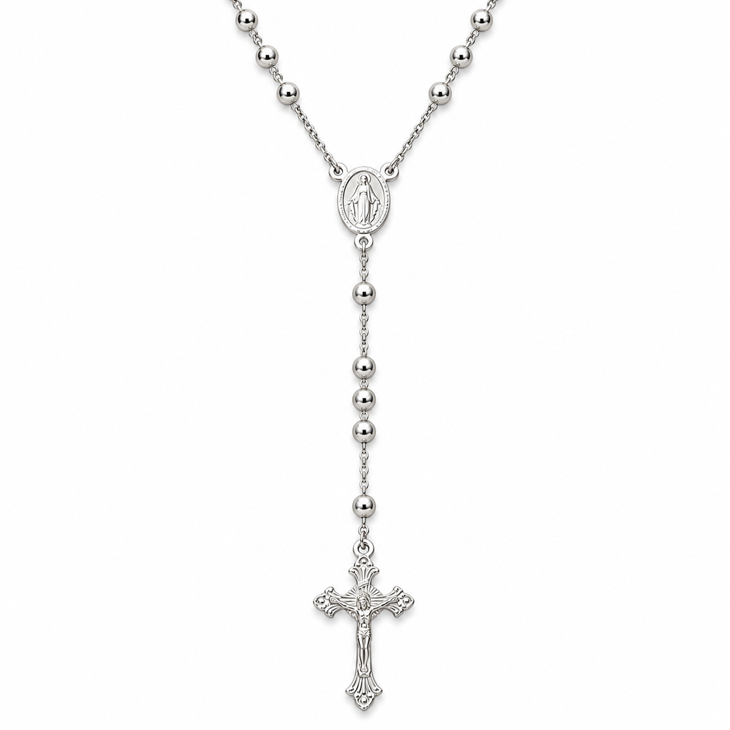 Collana Rosario con Crocifisso pendente e Sfere da 4mm in Argento 925 rodiato