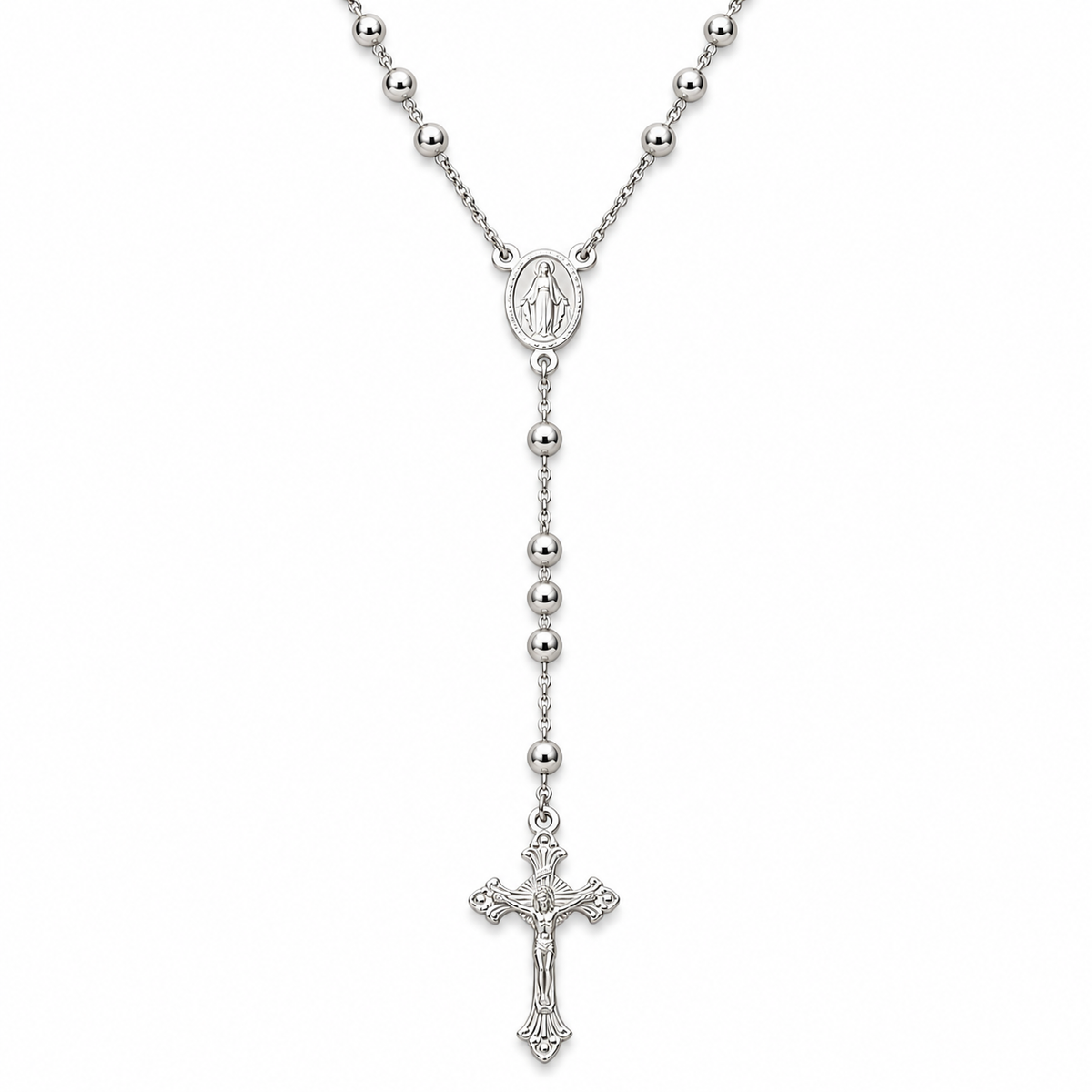 Collana Rosario con Crocifisso pendente e Sfere da 4mm in Argento 925 rodiato