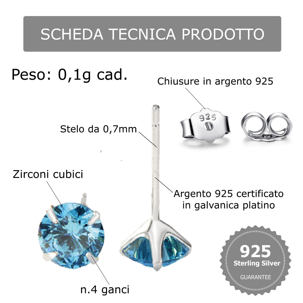 Coppia di orecchini Punto Luce Blu in Argento 925 in 6 misure