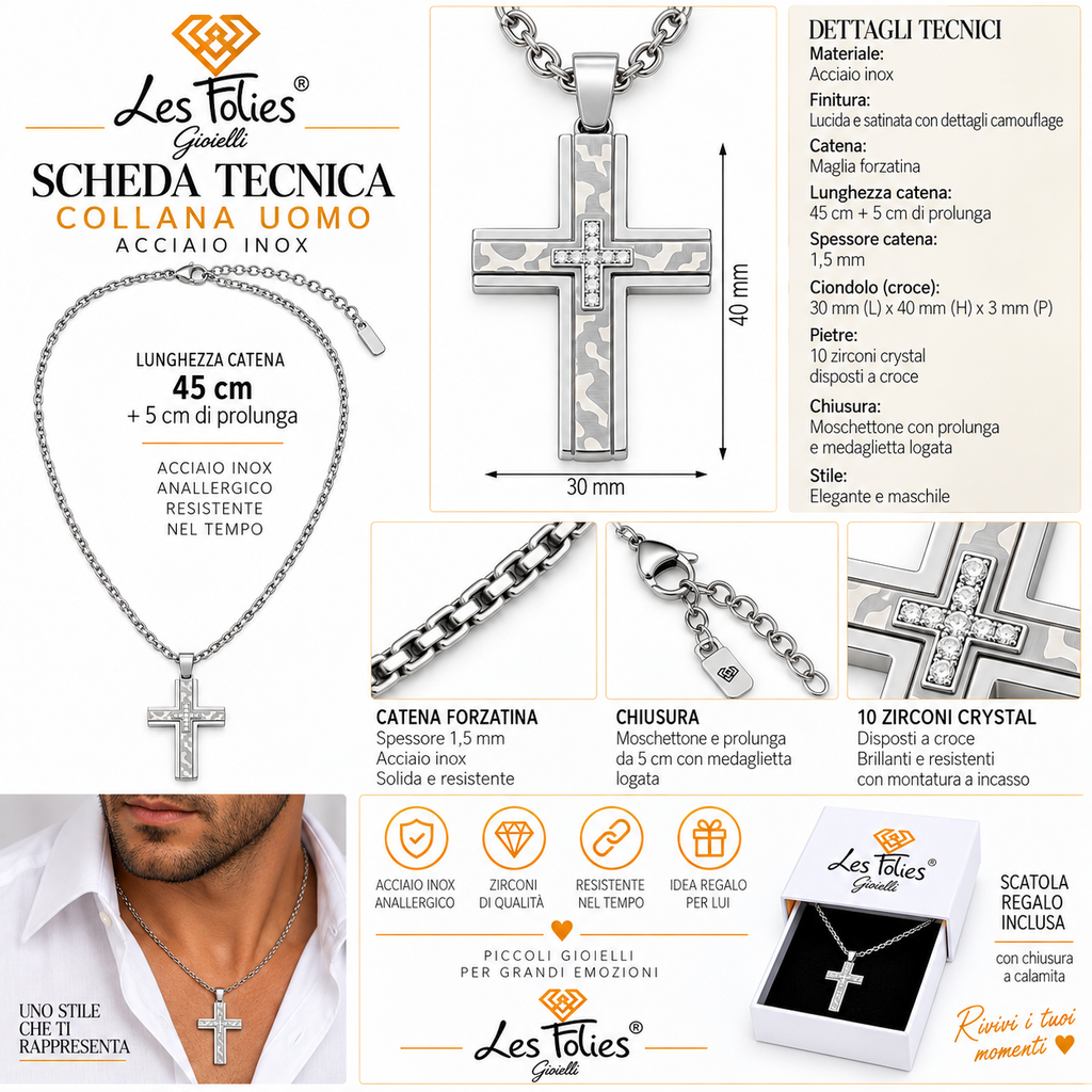 Collana da uomo con croce grande con strass a croce in acciaio inox