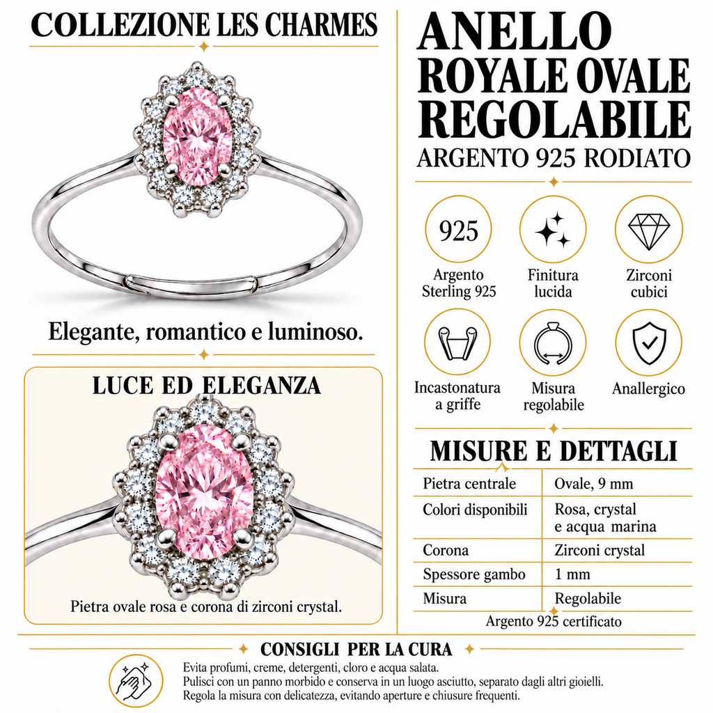 Anello Regolabile Royal Ovale 9mm in Argento 925