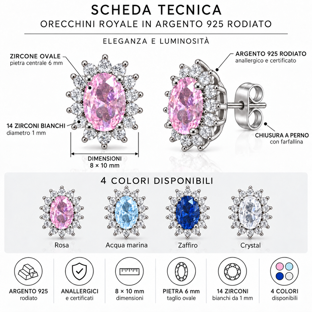 Orecchini a Lobo in Argento 925 con Pietra Ovale e Zirconi – 10 × 8 mm