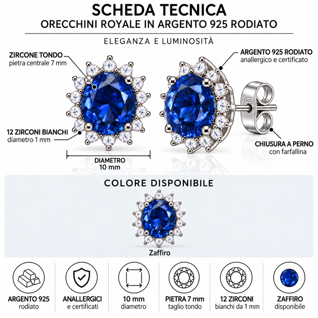 Orecchini Royale in Argento 925 Rodiato Tondi e Corona di Zirconi – 10 mm