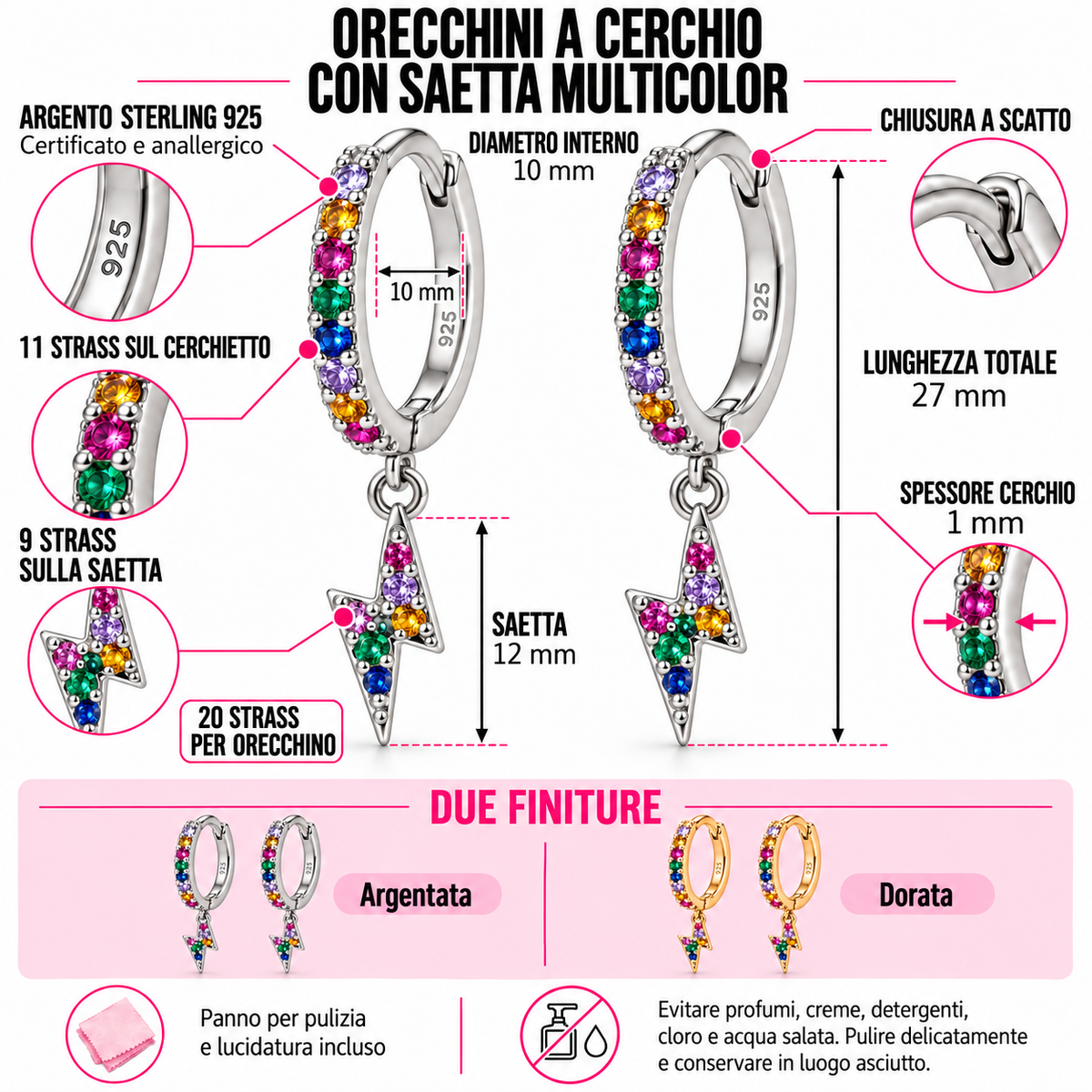 Orecchini a Cerchio strass con Saetta Multicolor in Argento 925