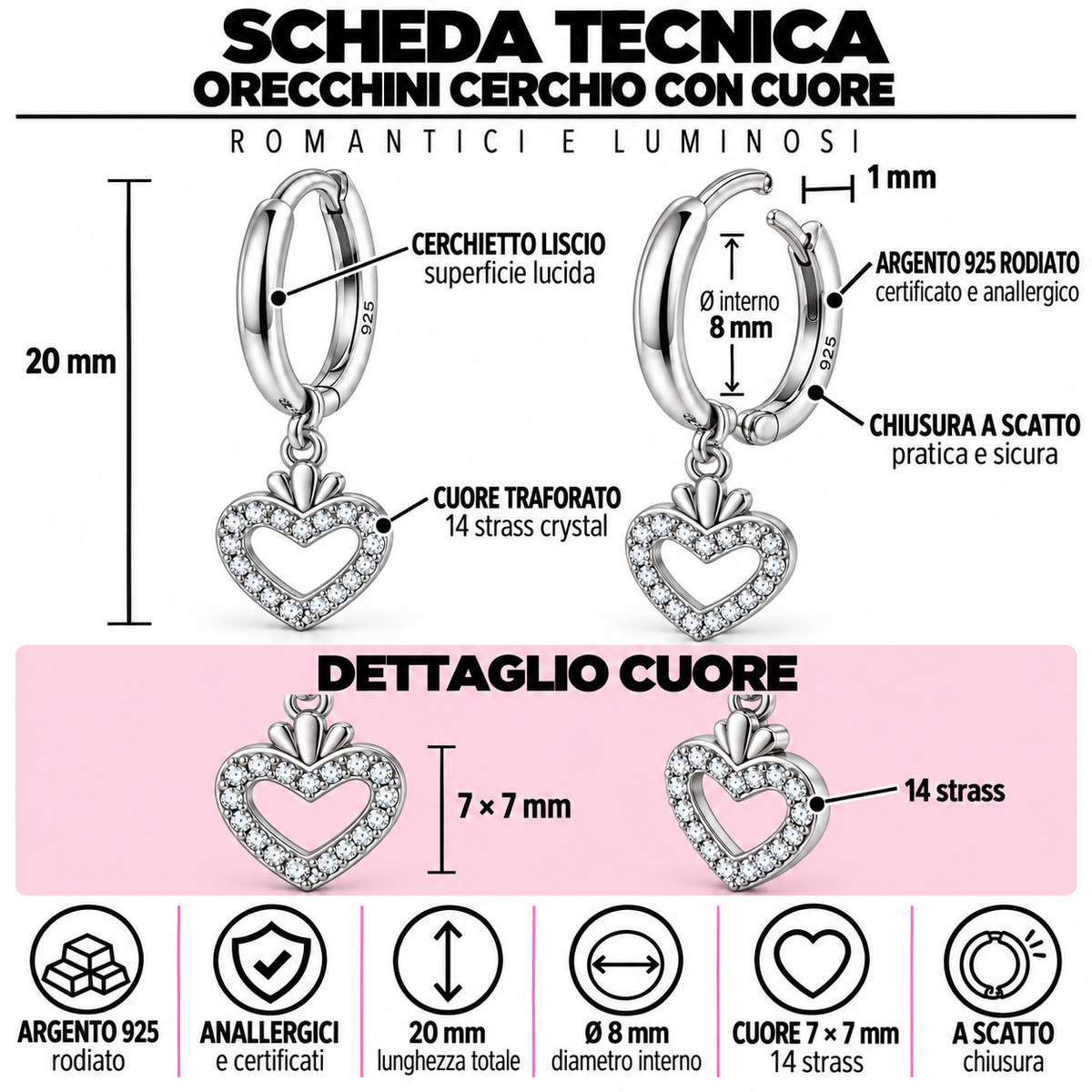 Orecchini a Cerchio con Ciondolo Cuore strass in Argento 925