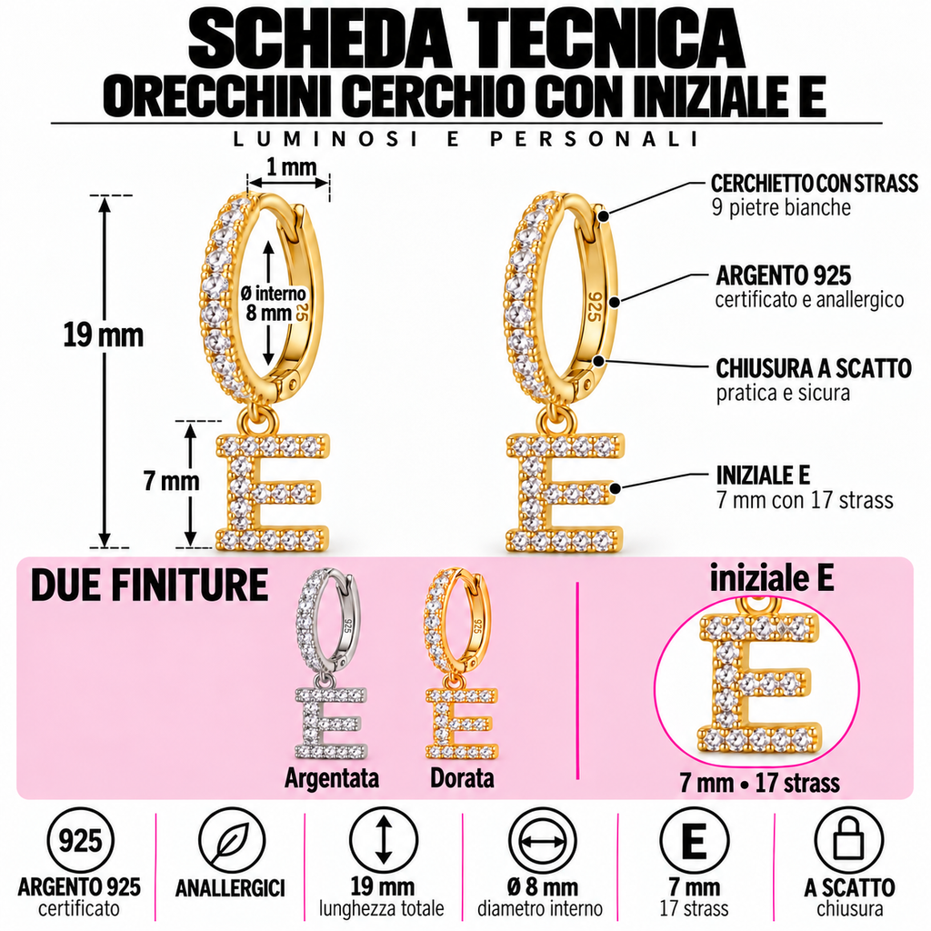 Orecchini a Cerchio con Iniziale con strass in Argento 925