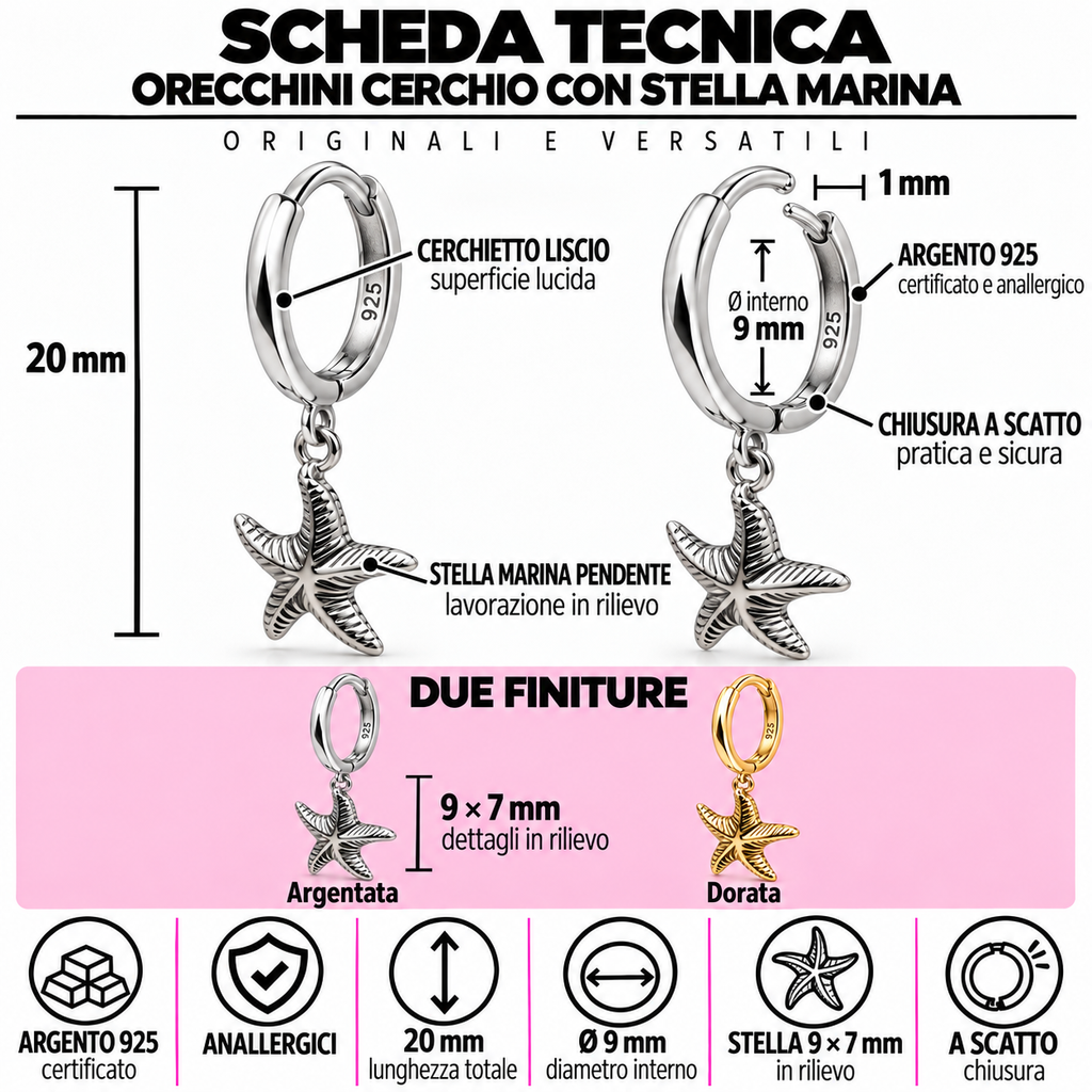 Orecchini a Cerchio con Ciondolo Stella marina in Argento 925