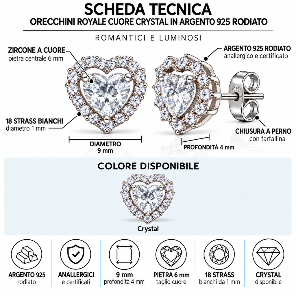 Orecchini Royale Cuore in Argento 925 Rodiato – 9 mm