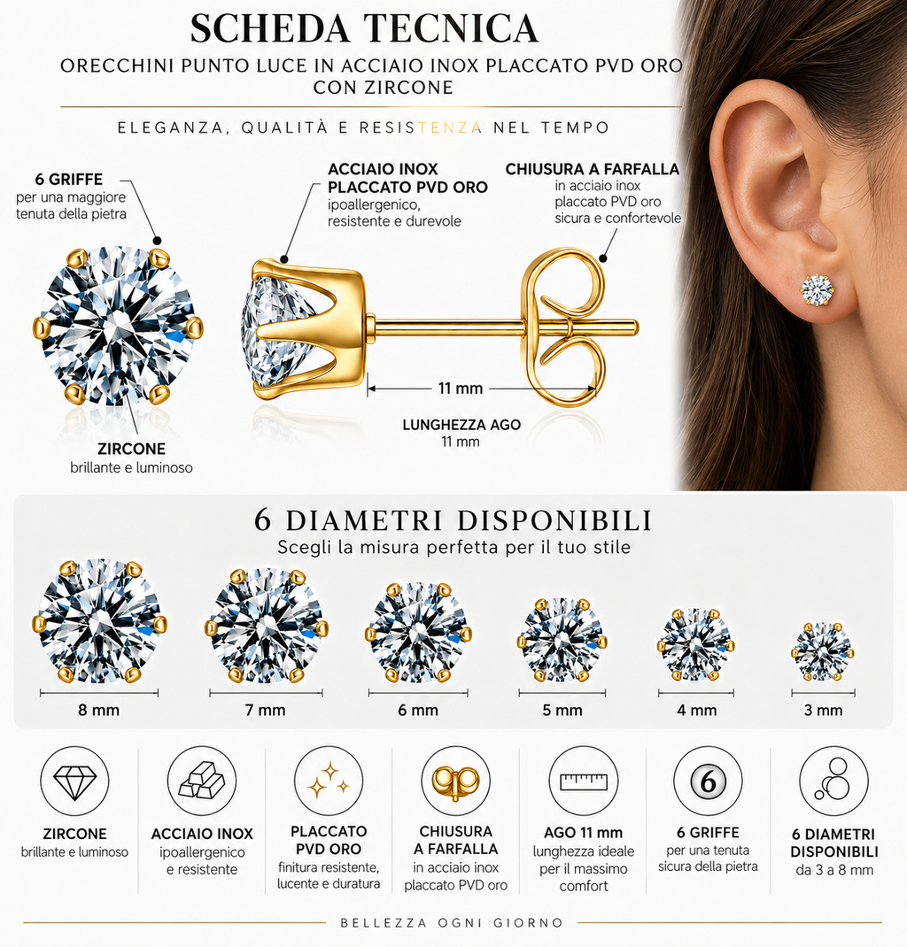 Coppia di orecchini punti luce Crystal in acciaio inox placcato oro in 6 misure Les Folies