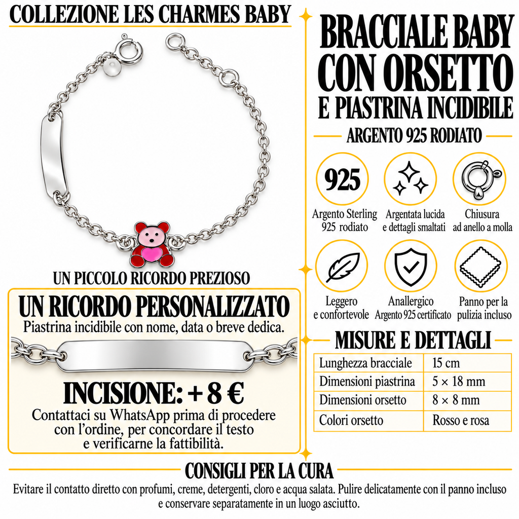 Bracelet pour Enfants avec Ourson et Plaque Gravable en Argent 925
