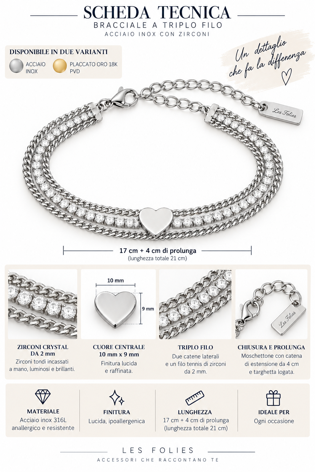 Bracciale Tennis in acciaio inox a tre fili e simbolo Cuore