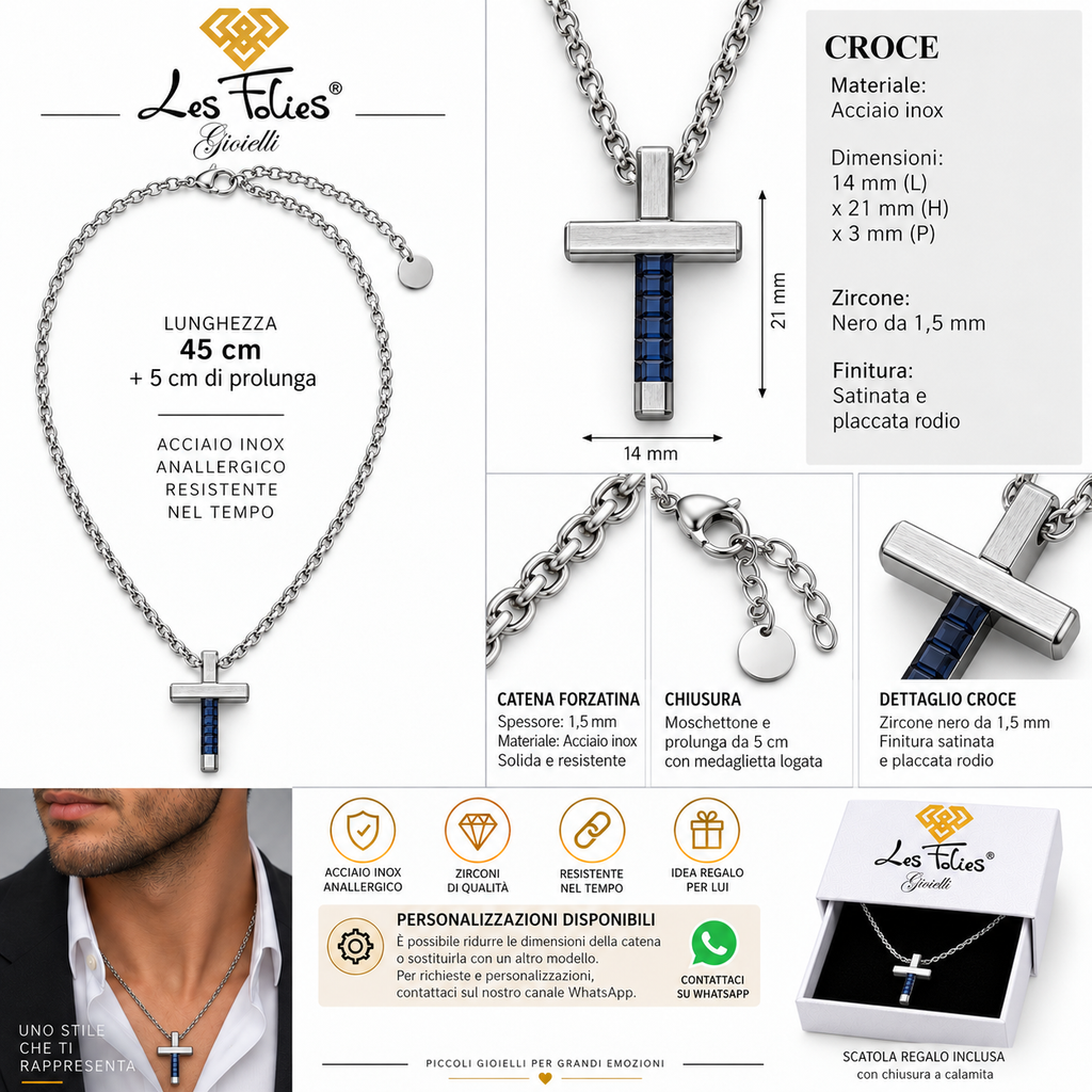 Collana Uomo con croce blu esagonale in acciaio inox