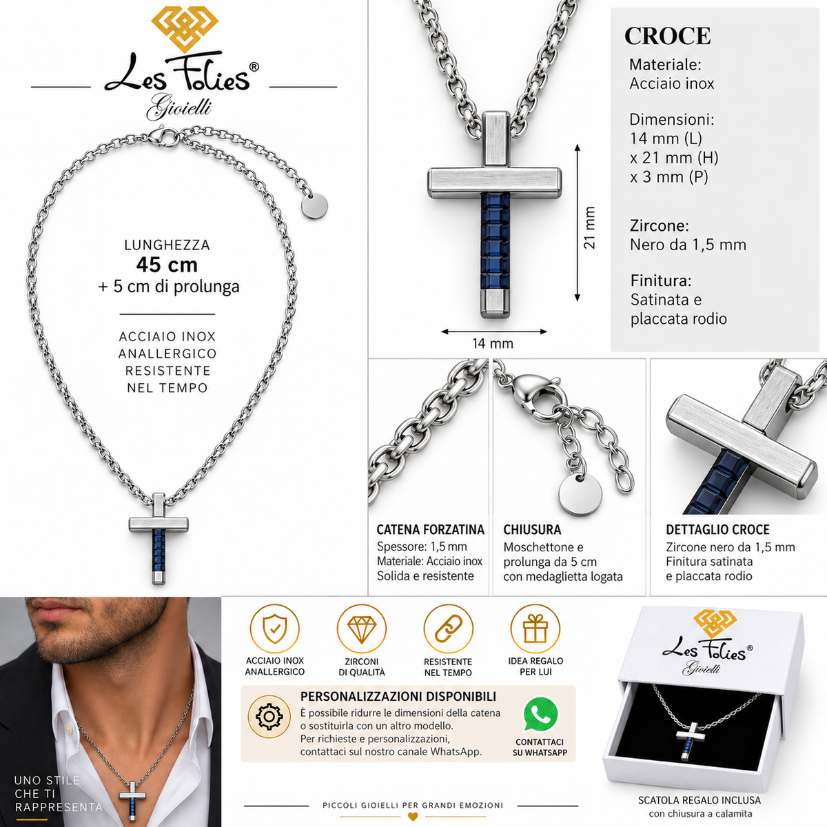 Collana Uomo con croce blu esagonale in acciaio inox