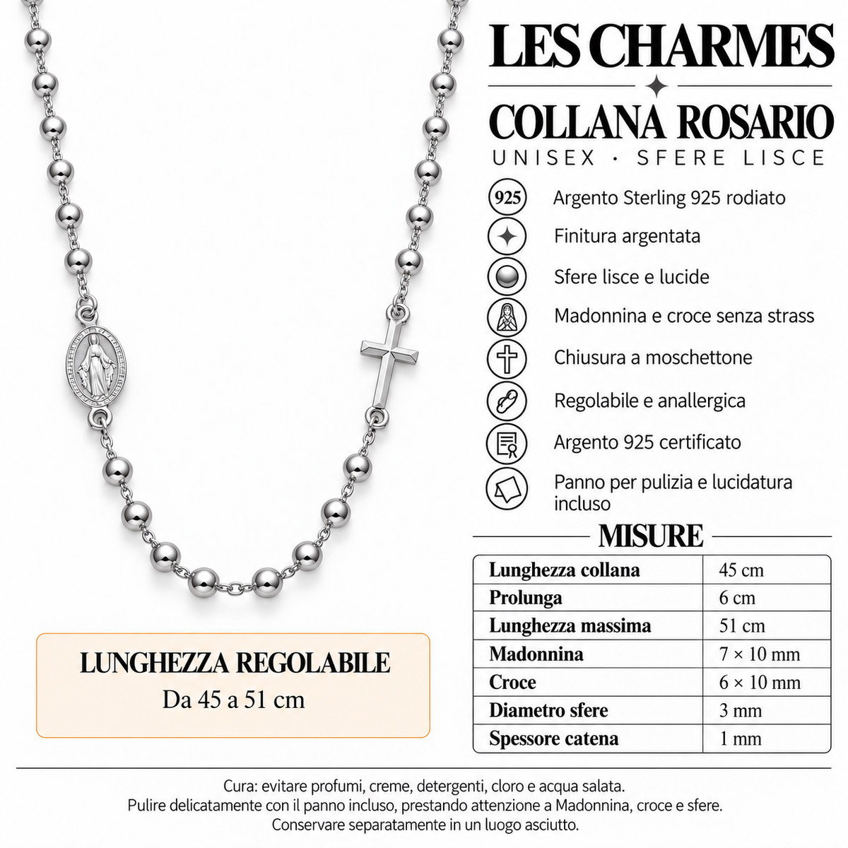 Collana Rosario Sfere da 3mm in Argento 925 rodiato