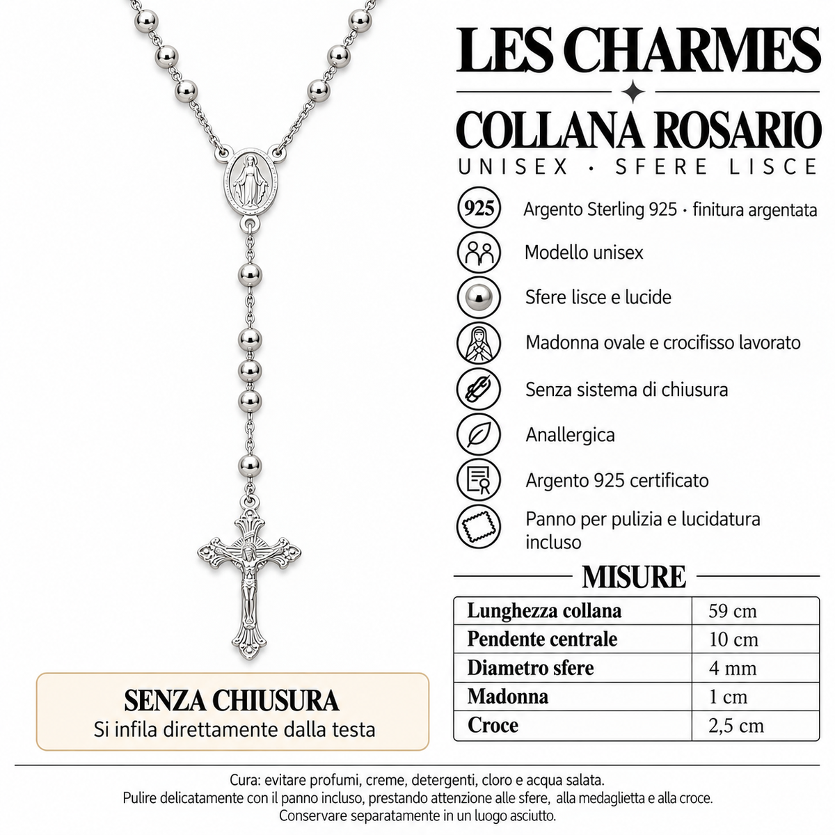 Collana Rosario con Crocifisso pendente e Sfere da 4mm in Argento 925 rodiato