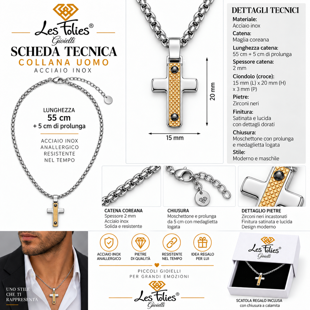 Collana Uomo con croce zingrinata rosè in acciaio inox