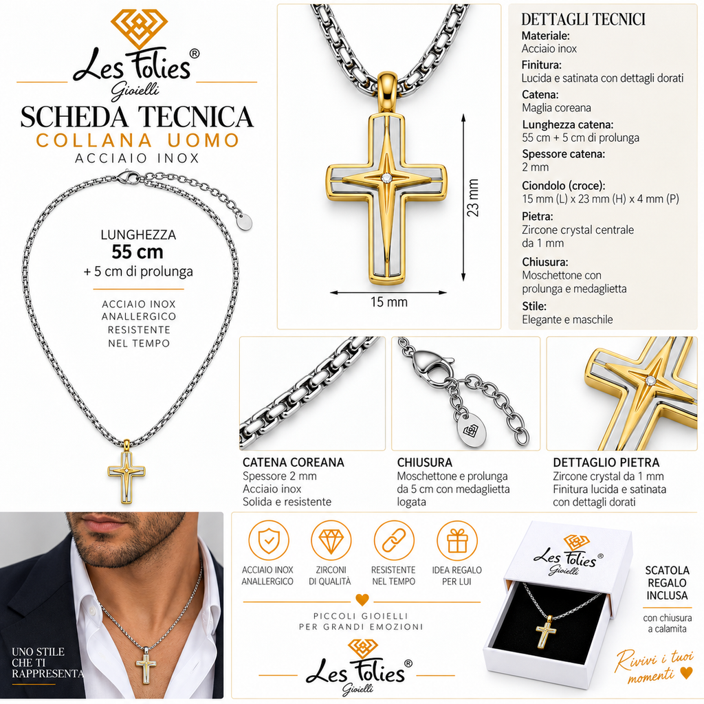 Collana da uomo con croce oro e argento e strass crystal in acciaio inox