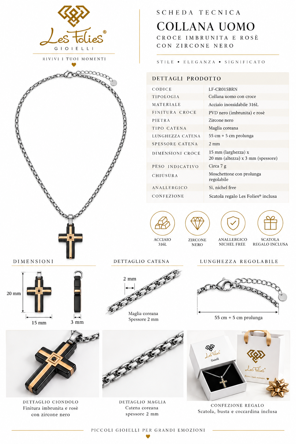 Collana da uomo con croce imbrunita e rosè e strass nero in acciaio inox