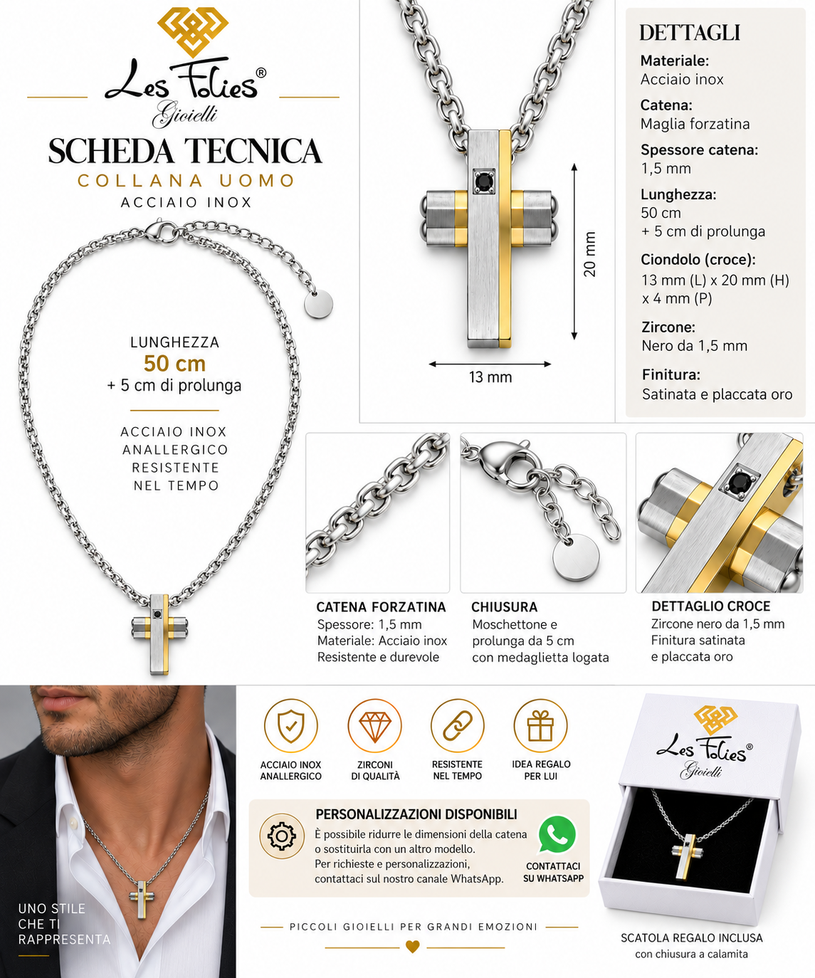 Collana Uomo con croce oro e strass in acciaio inox satinato