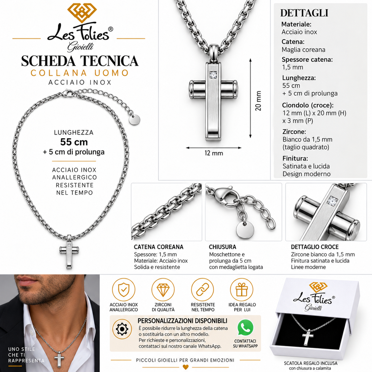 Collana Uomo con croce e strass crystal in acciaio inox