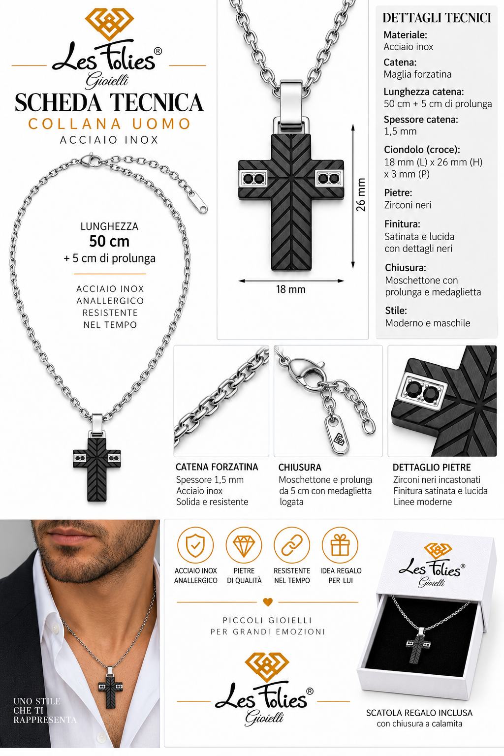 Collana Uomo con croce imbrunita e 4 zirconi neri in acciaio inox
