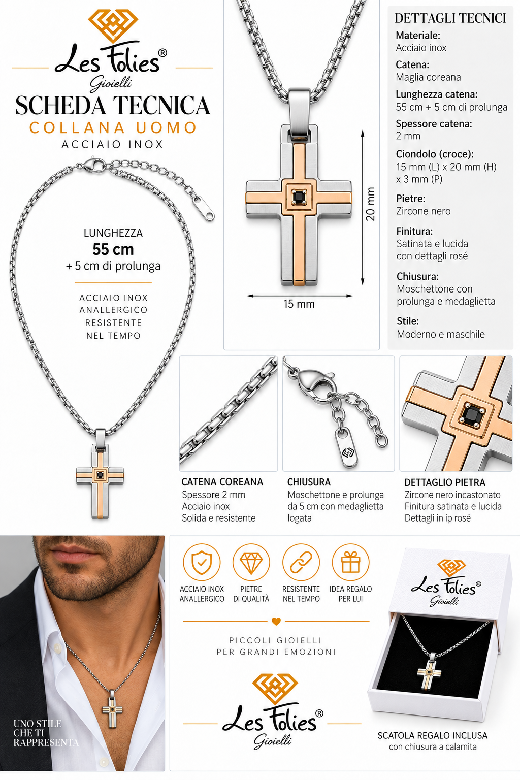 Collana da uomo con croce argento e rosè e strass nero in acciaio inox