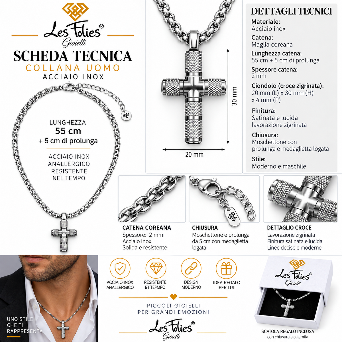 Collana da uomo con croce zingrinata in acciaio inox