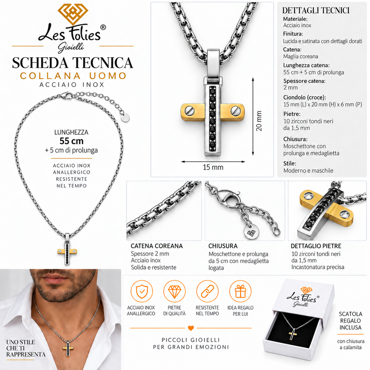 Collana da uomo con croce argento e oro e 10 strass neri in acciaio inox