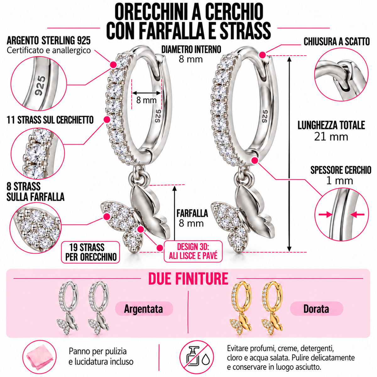 Orecchini a Cerchio strass con Farfalla in Argento 925