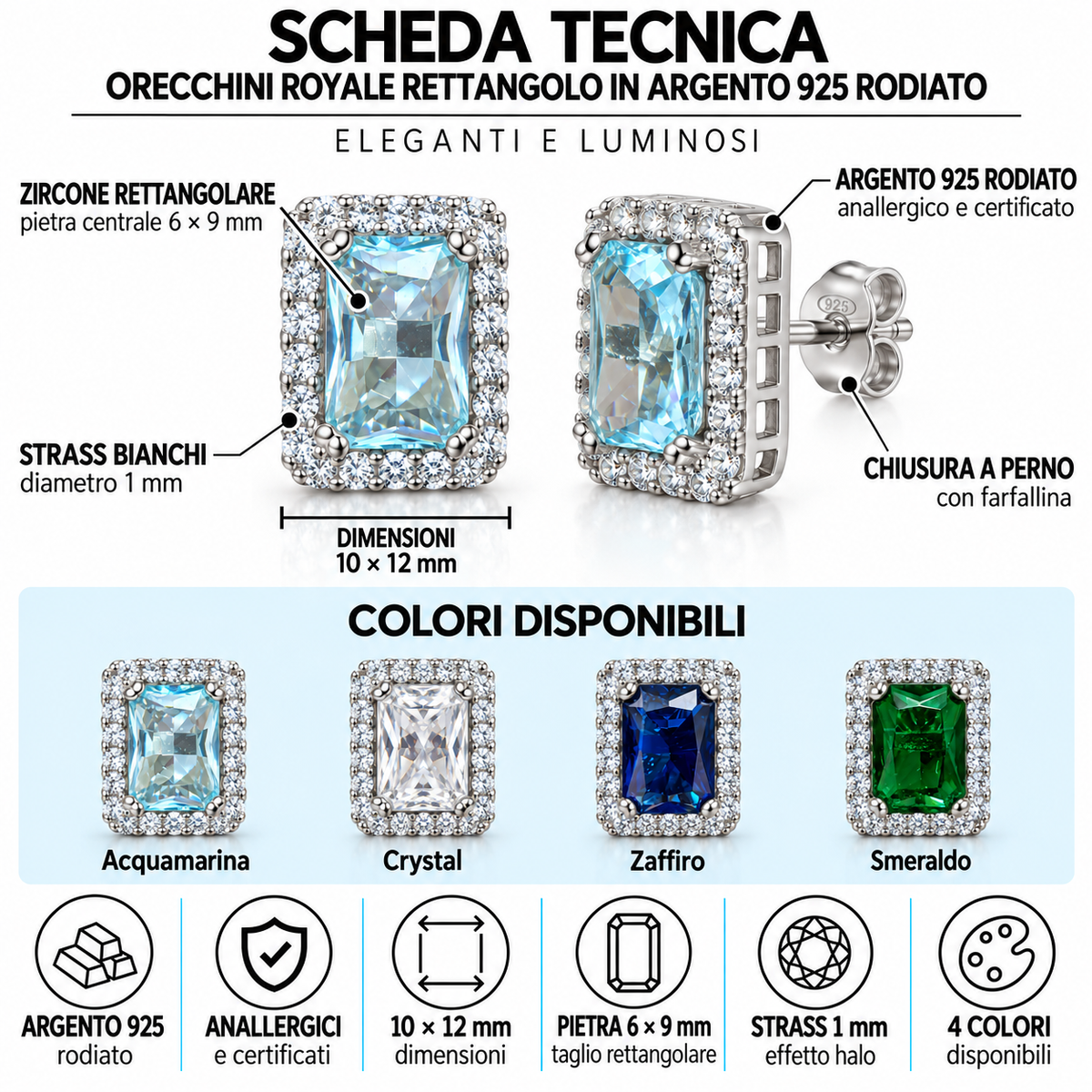 Orecchini Royale Rettangolari in Argento 925 Rodiato  – 10 × 12 mm