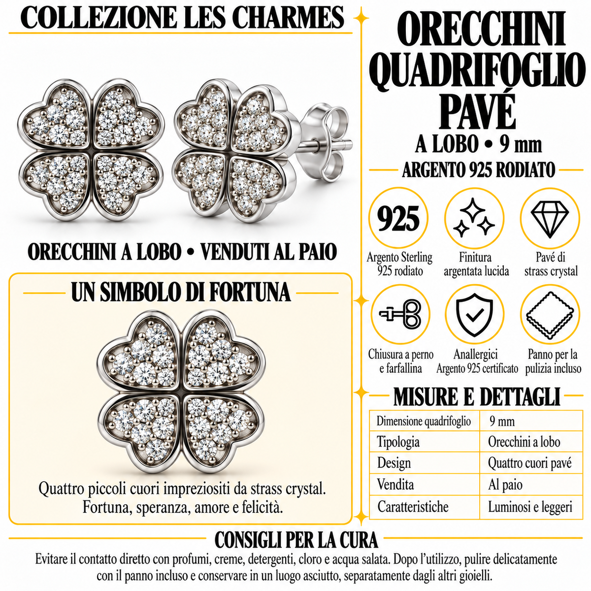 Boucles d'oreilles puces trèfle en argent 925 rhodié