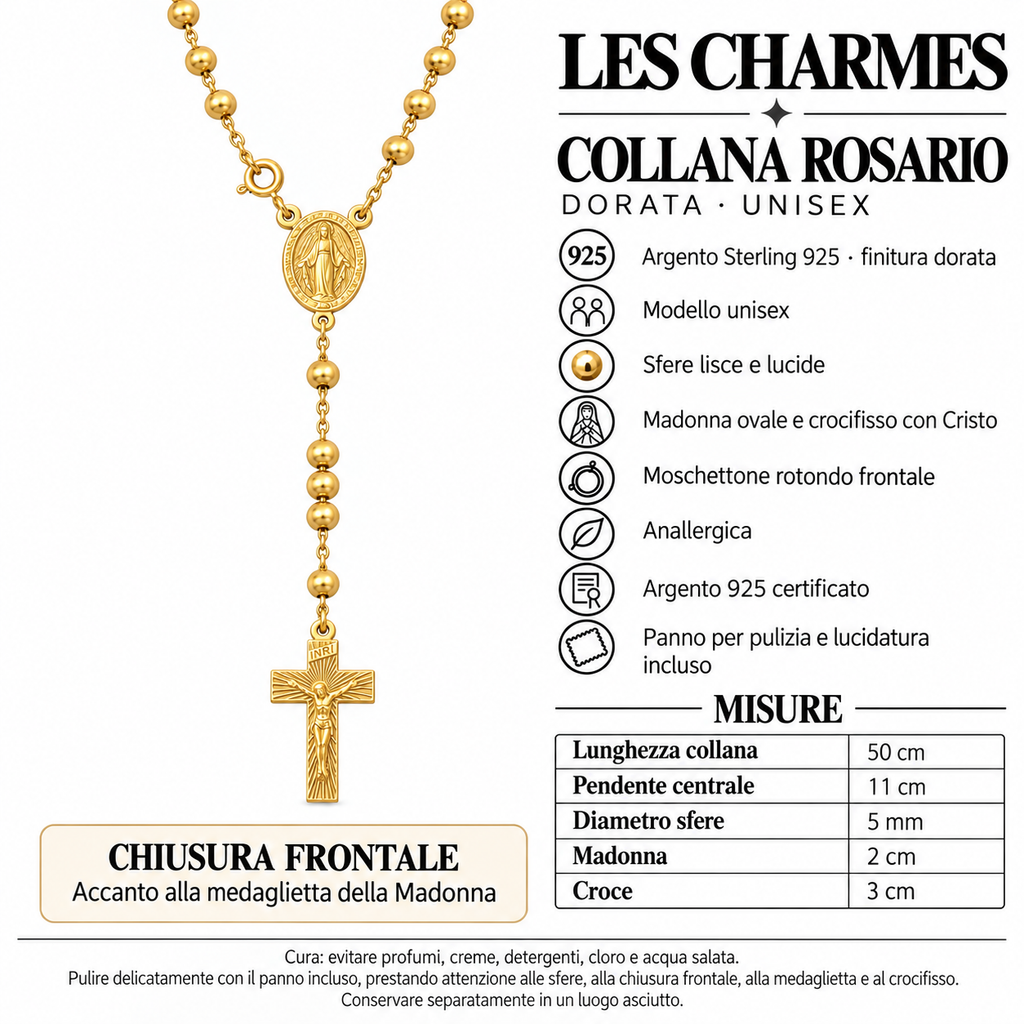 Collana Rosario con Crocifisso da 3cm pendente e Sfere da 5mm in Argento 925 rodiato