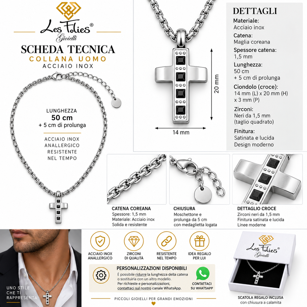 Collana Uomo con croce a 4 zirconi neri quadrati in acciaio inox
