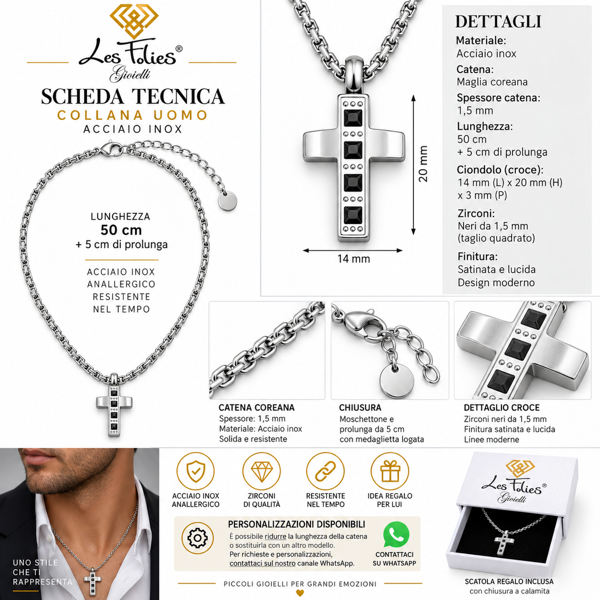 Collana Uomo con croce a 4 zirconi neri quadrati in acciaio inox