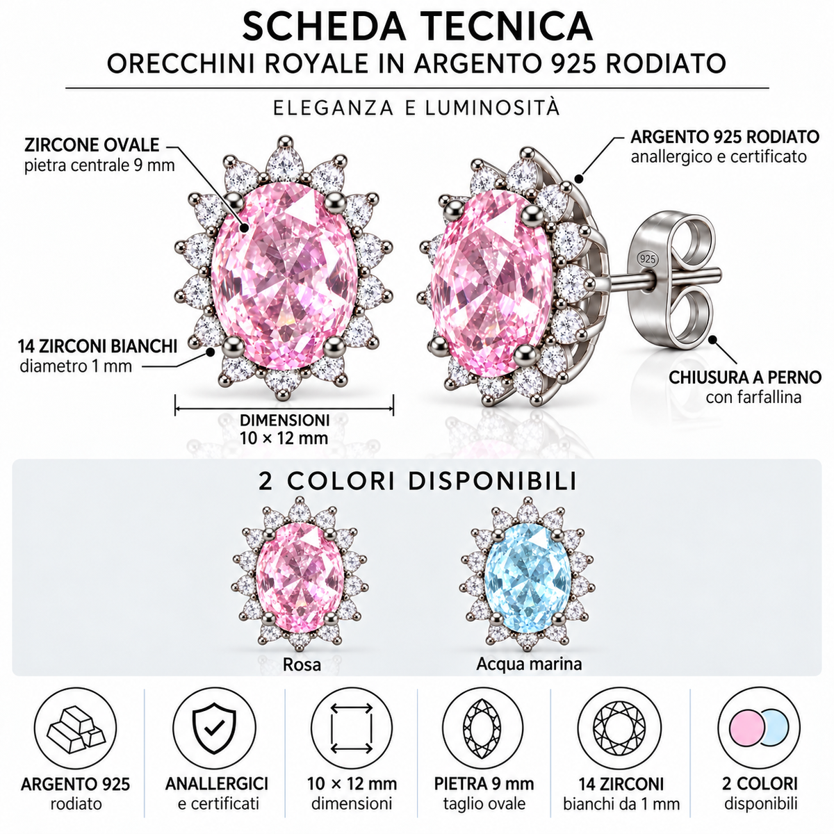 Orecchini a Lobo in Argento 925 con Pietra Ovale 7x9mm e Zirconi – 10 × 12 mm