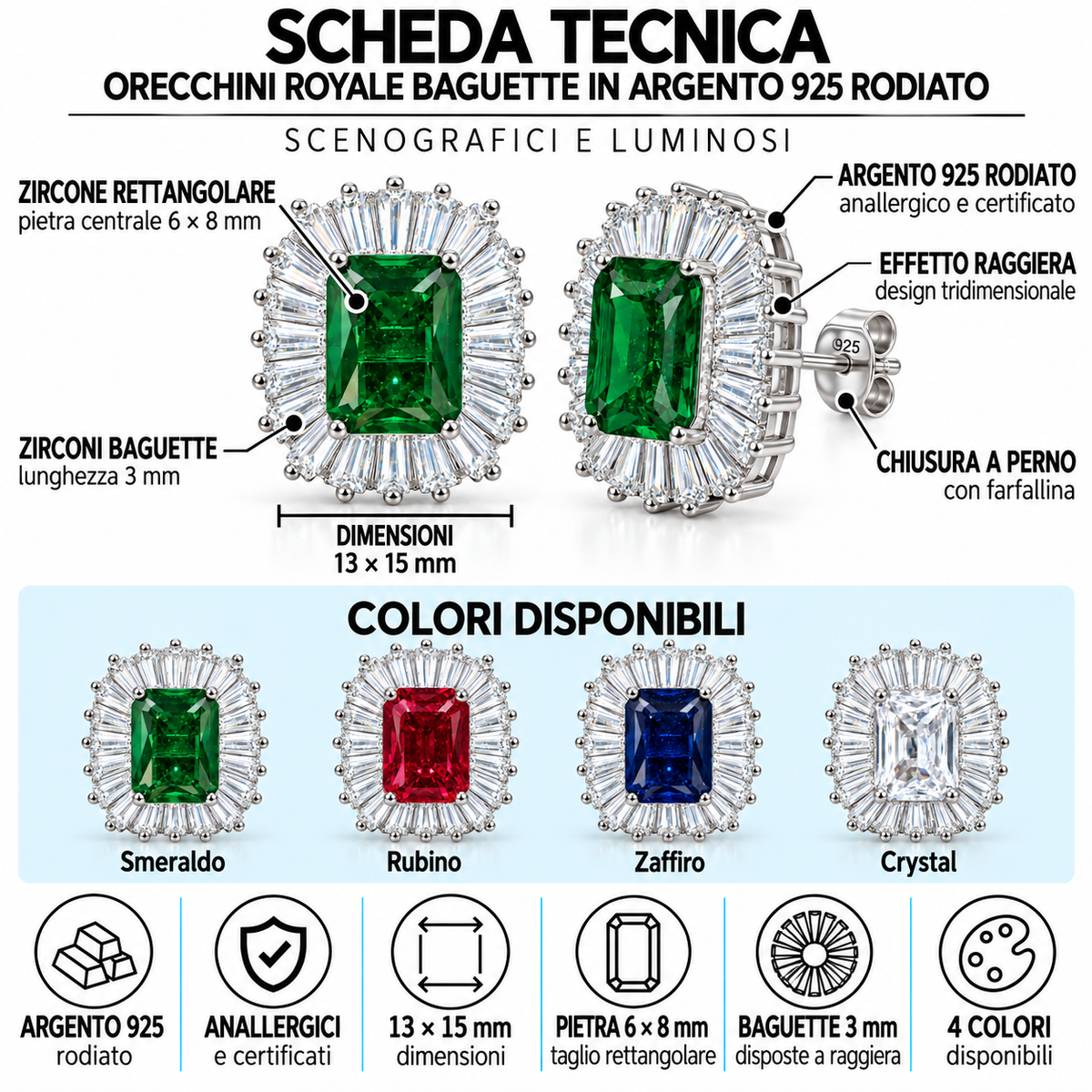 Orecchini Royale Rettangolo in Argento 925 Rodiato con Corona di Zirconi Baguette – 13 × 15 mm