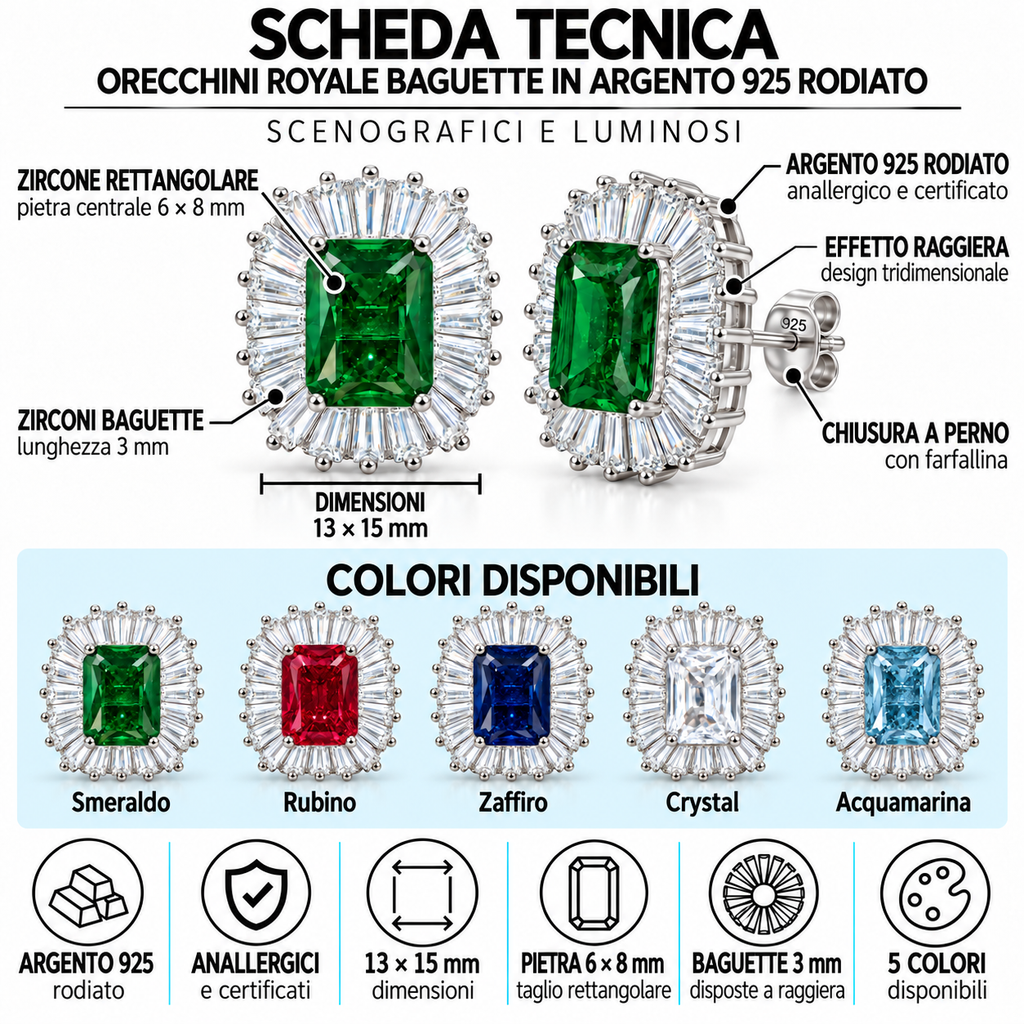 Brincos Royale Retângulo em Prata 925 Rodada com Coroa de Zircónios Baguete 13 × 15 mm