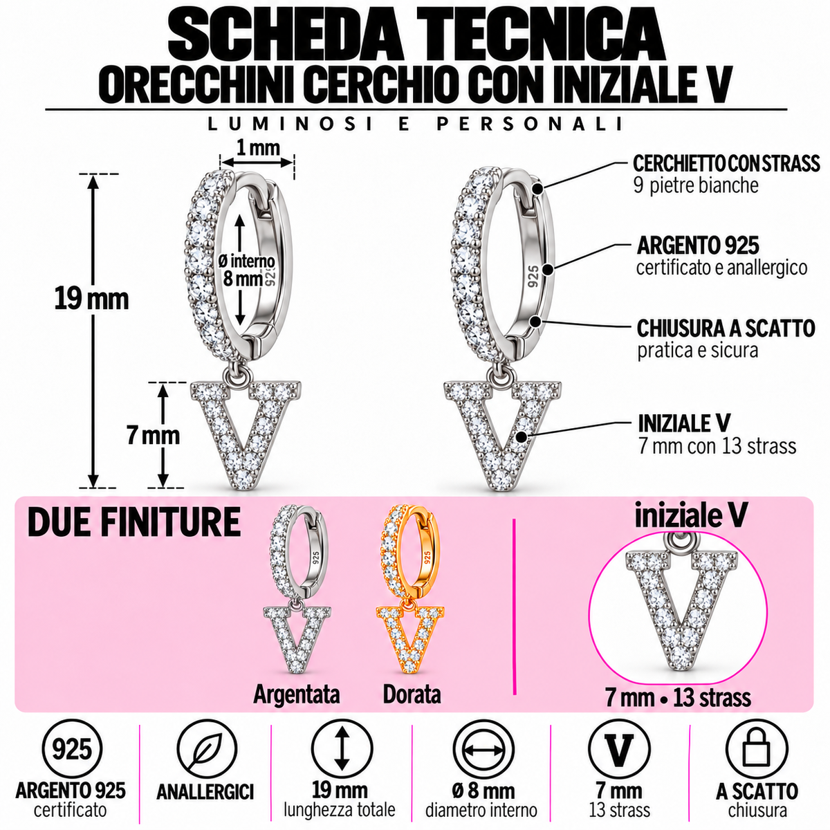Orecchini a Cerchio con Iniziale con strass in Argento 925