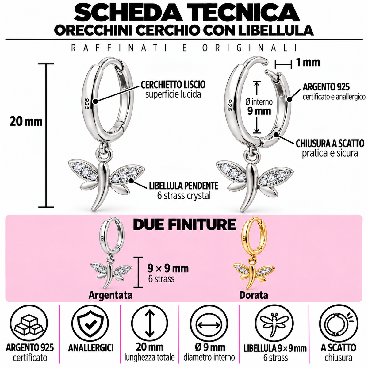 Orecchini a Cerchio con Ciondolo Libellula in Argento 925
