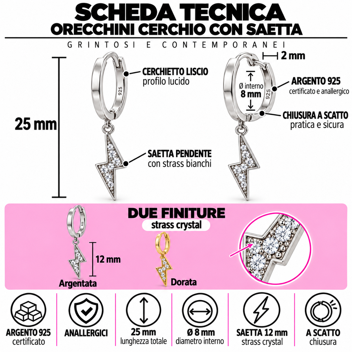 Orecchini a Cerchio con Ciondolo Saetta in Argento 925
