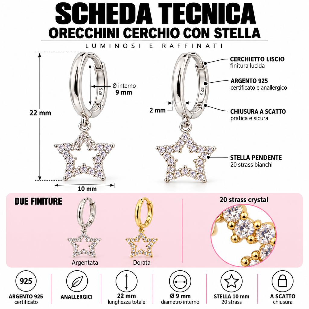 Orecchini a Cerchio con Ciondolo Stella in Argento 925