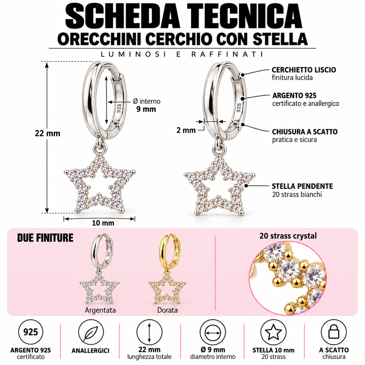 Orecchini a Cerchio con Ciondolo Stella in Argento 925