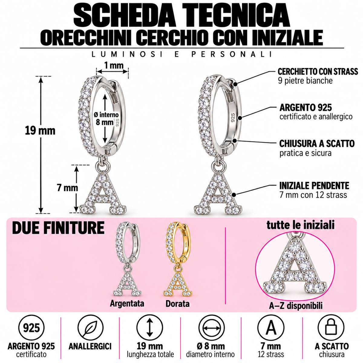 Orecchini a Cerchio con Iniziale con strass in Argento 925