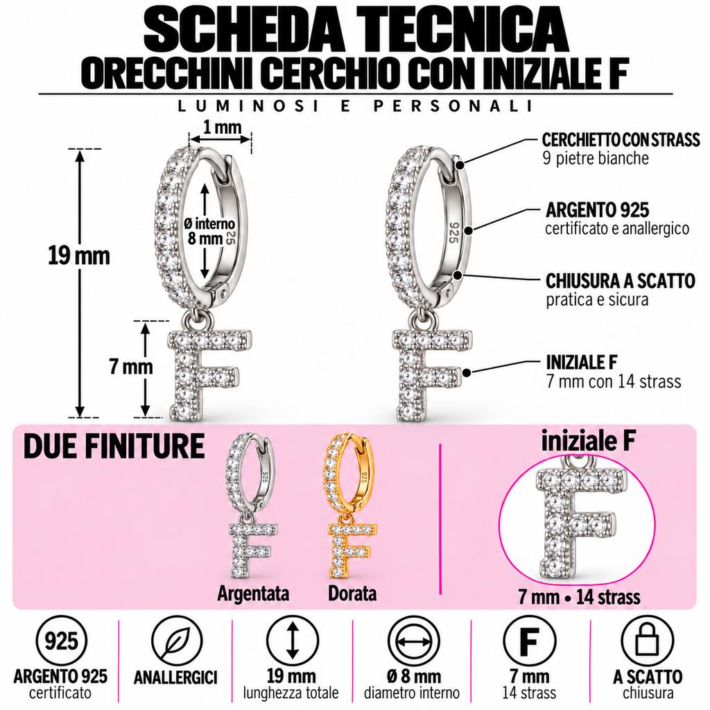 Orecchini a Cerchio con Iniziale con strass in Argento 925