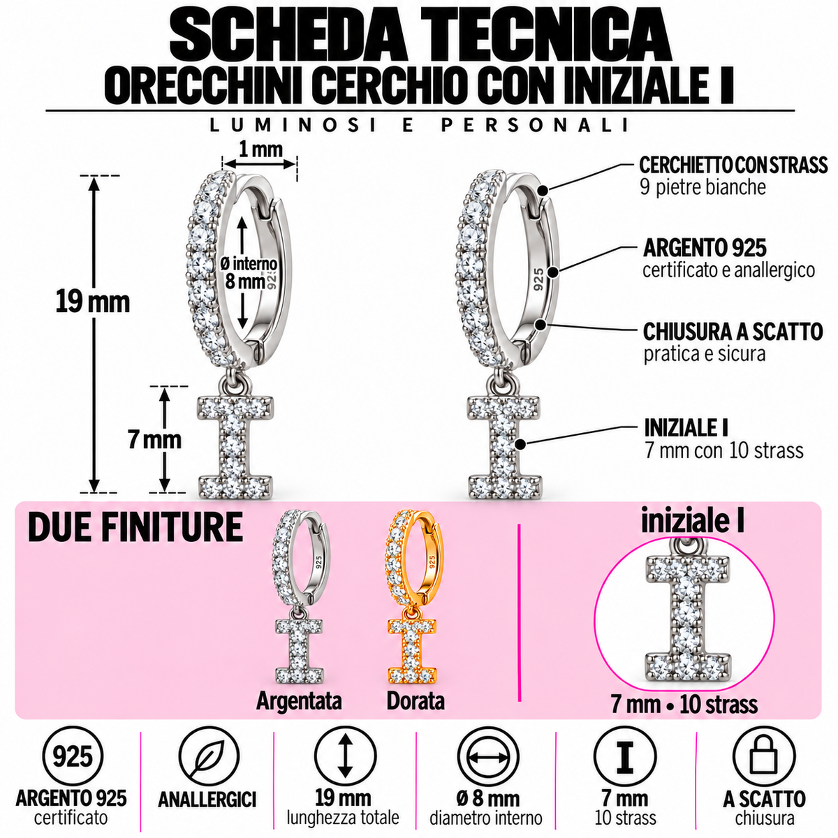 Orecchini a Cerchio con Iniziale con strass in Argento 925